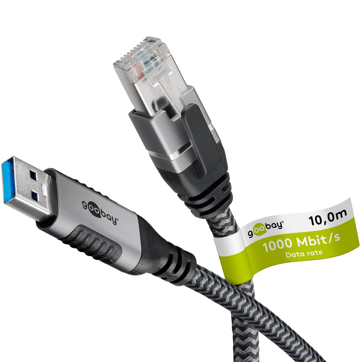 Goobay 70694 RJ45 Ethernet auf USB 3.0 Typ A Kabel / FTP Internetkabel 1 Gbits / CAT 6 Netzwerkkabel / Textil / 10m/sw-0