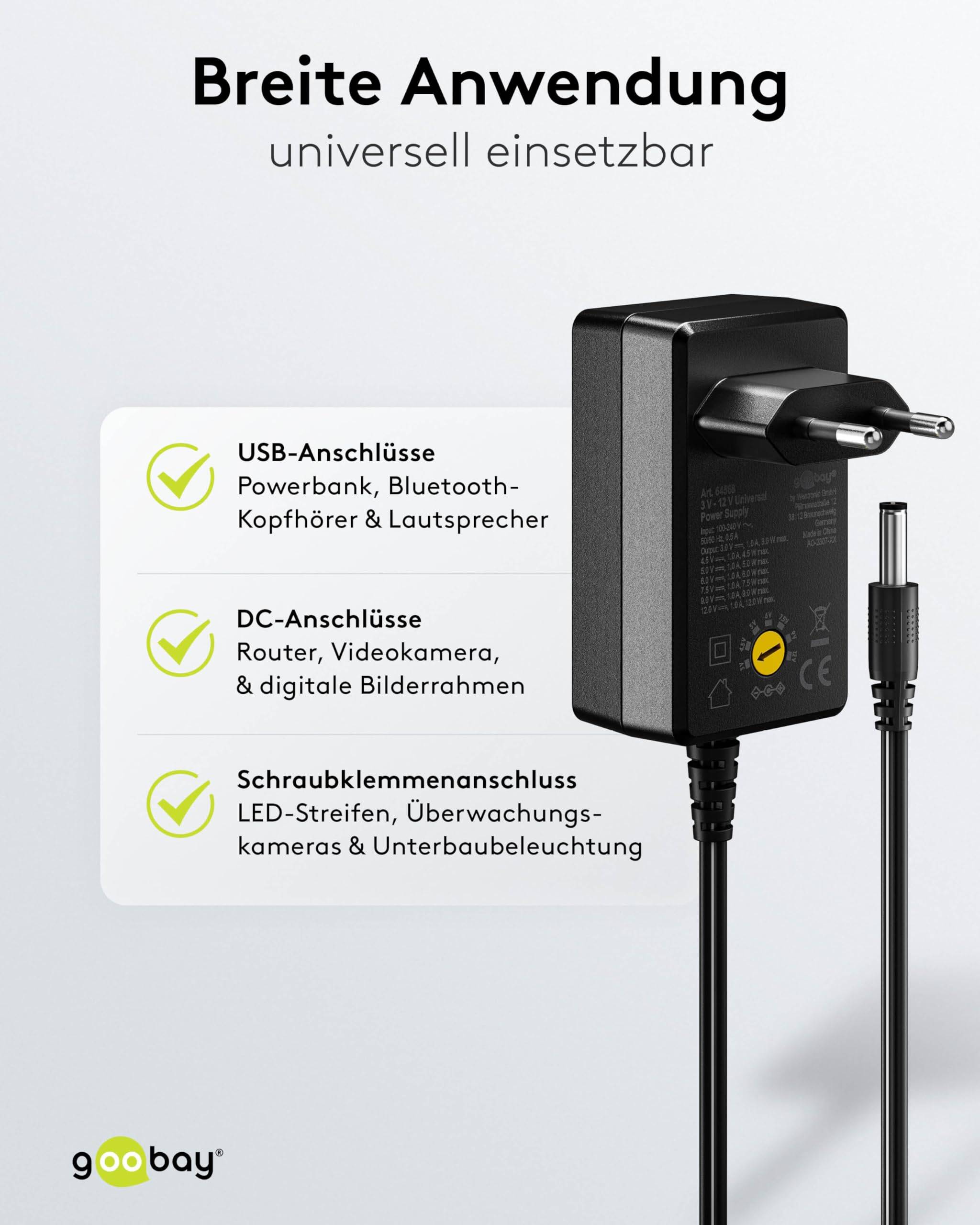 Goobay 64568 Universal Netzteil 3-12V Ladegerät 11 Adapter USB & DC Steckernetzteil max. 12W / 1A Netzadapter / Schwarz-5