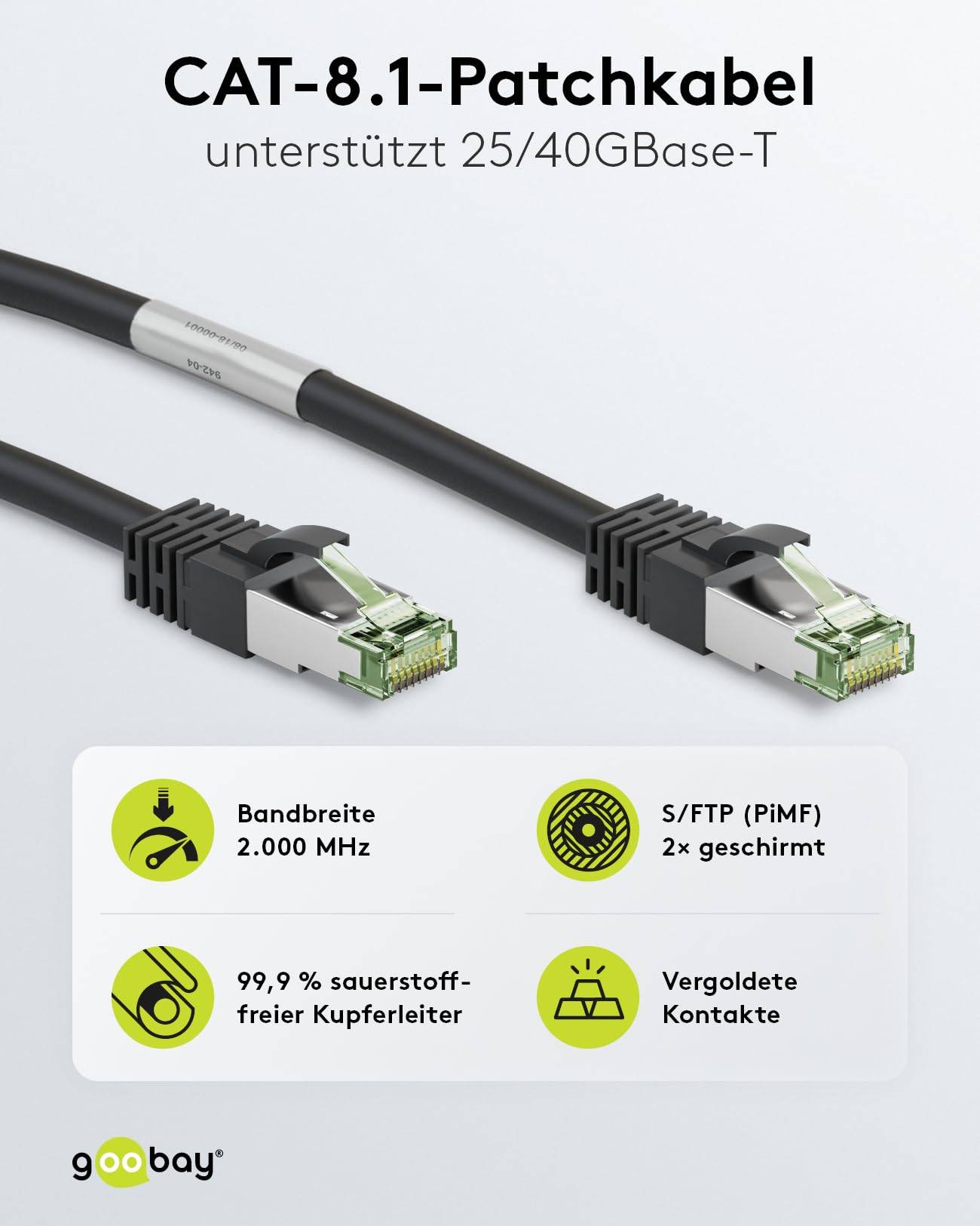 Goobay 66723 CAT 8.1 Patchkabel RJ45 Stecker für 8K Gaming OFC-Leiter 2.000 MHz Netzwerkkabel S/FTP LAN, Schwarz 3.00 m-2