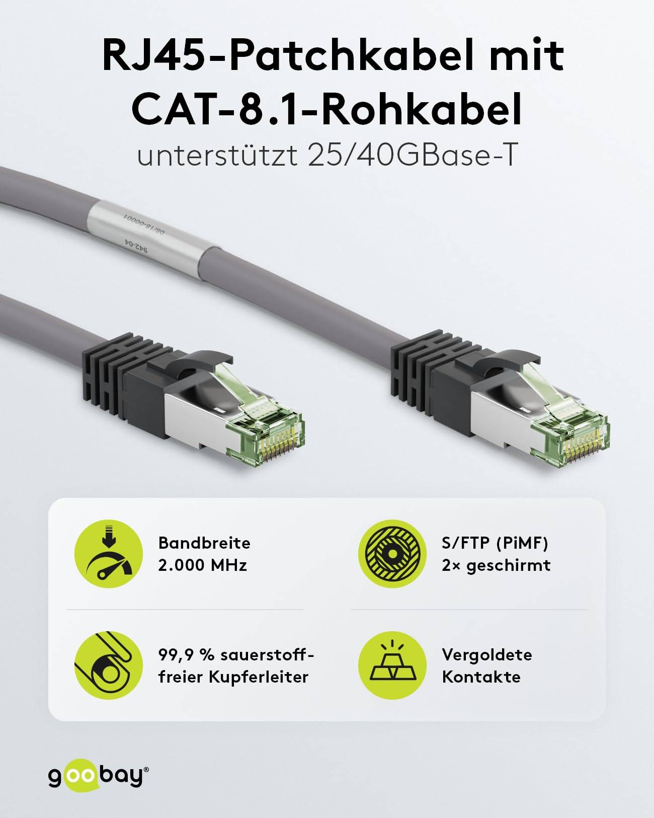 Goobay 55141 RJ45 Patchkabel mit CAT 8.1 S/FTP Rohkabel 8K Gaming OFC-Leiter 2.000 MHz Netzwerkkabel LAN Grau 10.00 m-4