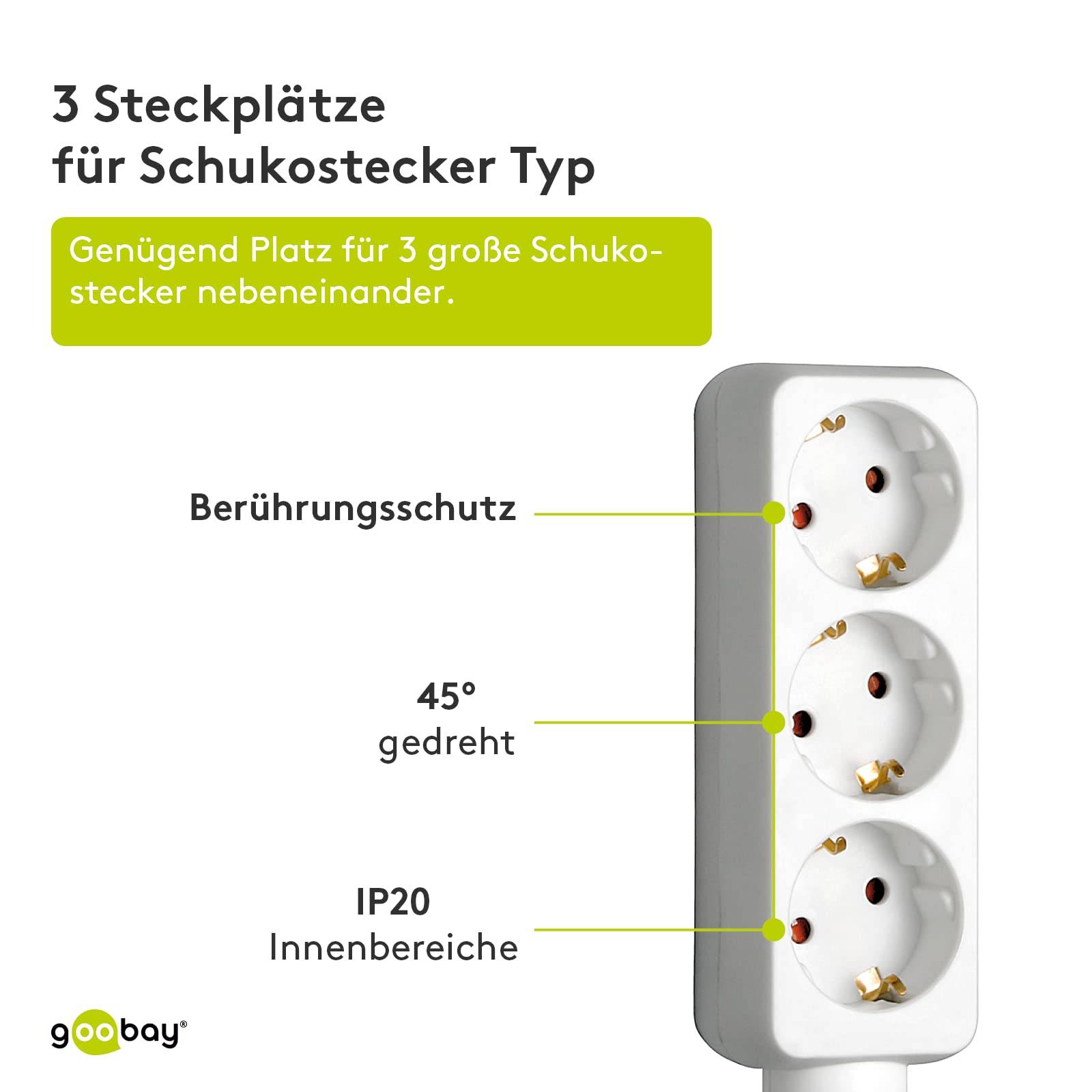 Goobay 51293 Steckdosenleiste mit 45° Steckplätzen, 3500 W, 3er Mehrfachsteckdose, 3 fach Steckdose, 1.5 m Kabel, Weiß-2