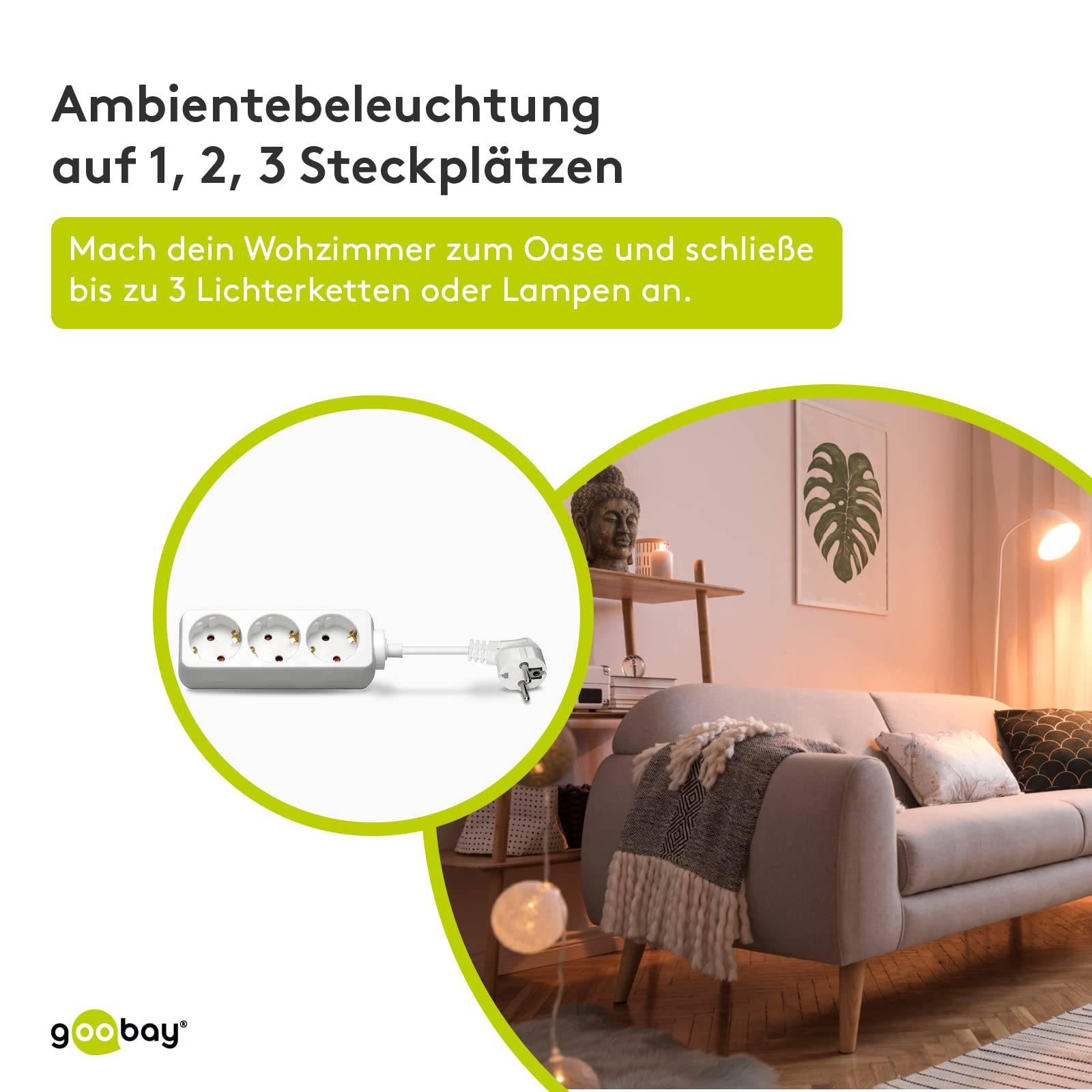Goobay 51293 Steckdosenleiste mit 45° Steckplätzen, 3500 W, 3er Mehrfachsteckdose, 3 fach Steckdose, 1.5 m Kabel, Weiß-4