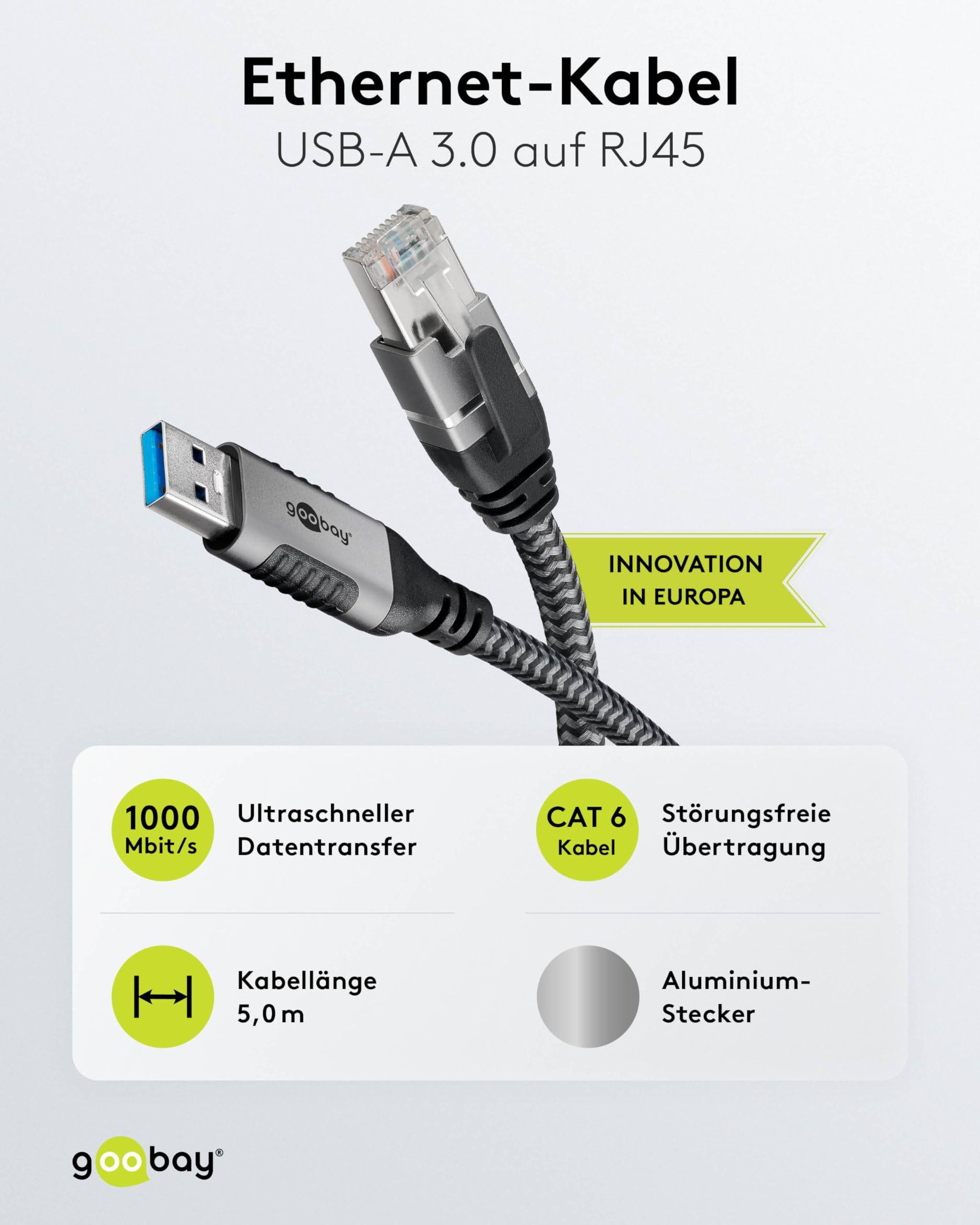 Goobay 70692 RJ45 Ethernet auf USB 3.0 Typ A Kabel / FTP Internetkabel 1 Gbits / CAT 6 Netzwerkkabel / Textil / 5m/sw-1