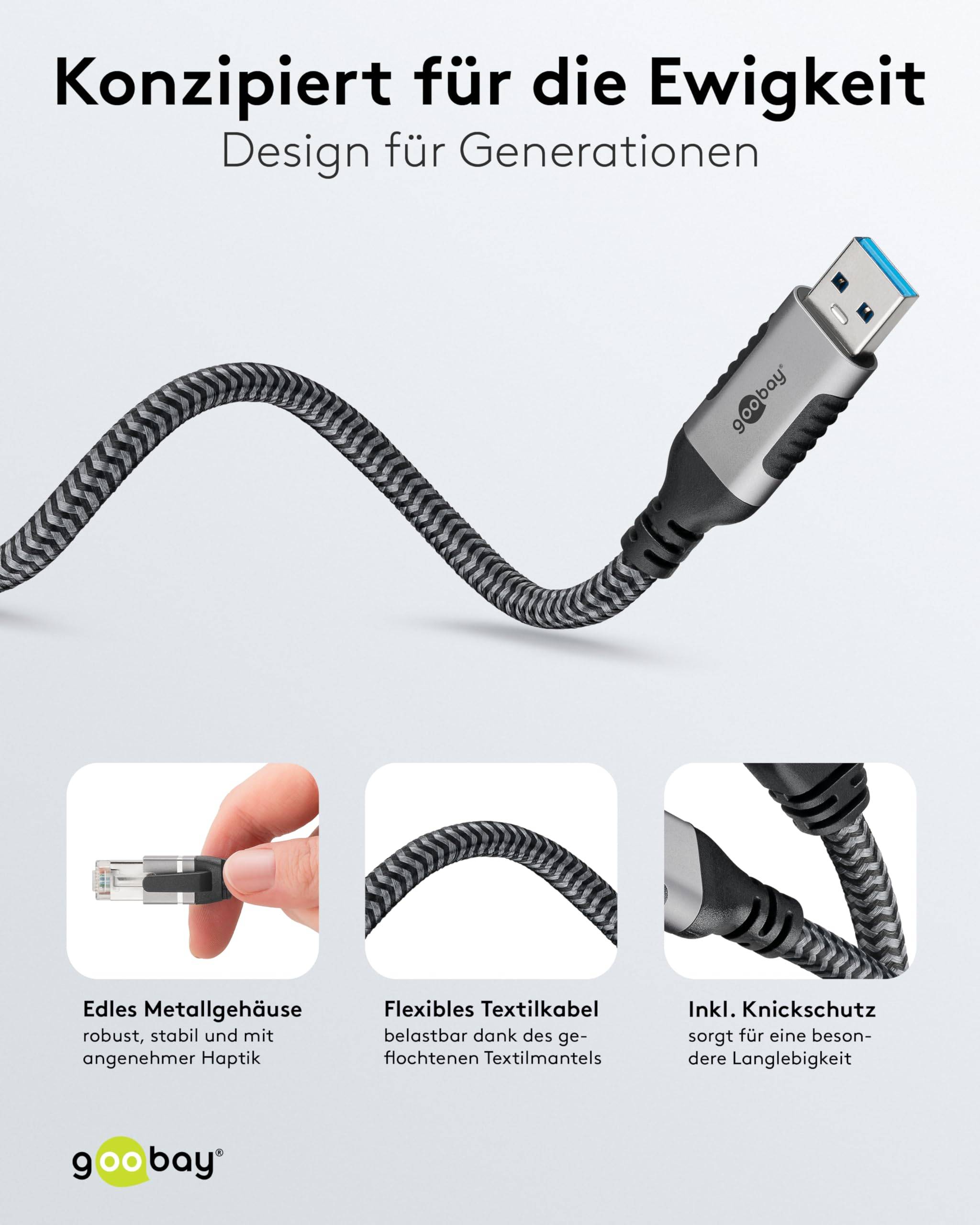 Goobay 70692 RJ45 Ethernet auf USB 3.0 Typ A Kabel / FTP Internetkabel 1 Gbits / CAT 6 Netzwerkkabel / Textil / 5m/sw-2