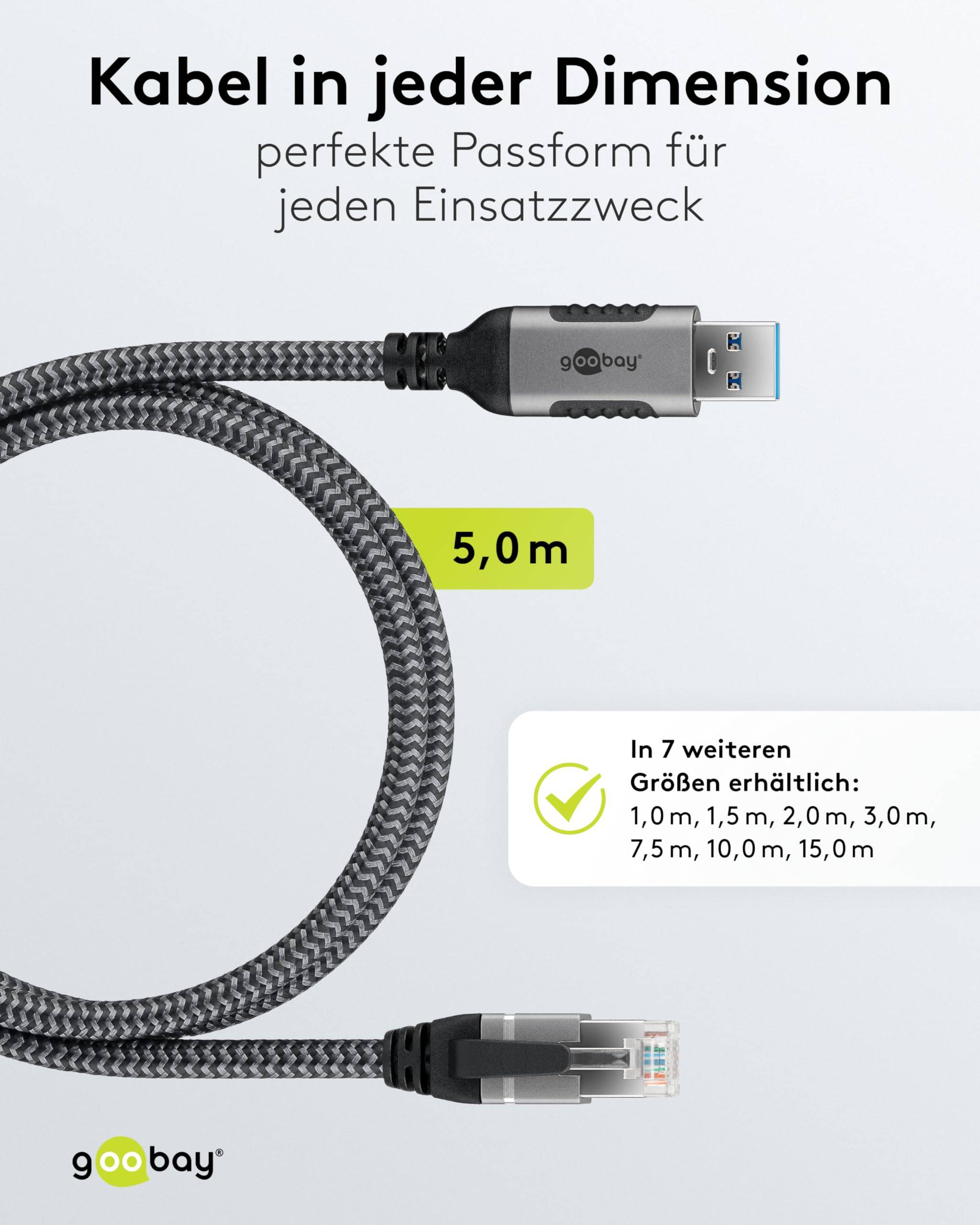 Goobay 70692 RJ45 Ethernet auf USB 3.0 Typ A Kabel / FTP Internetkabel 1 Gbits / CAT 6 Netzwerkkabel / Textil / 5m/sw-3