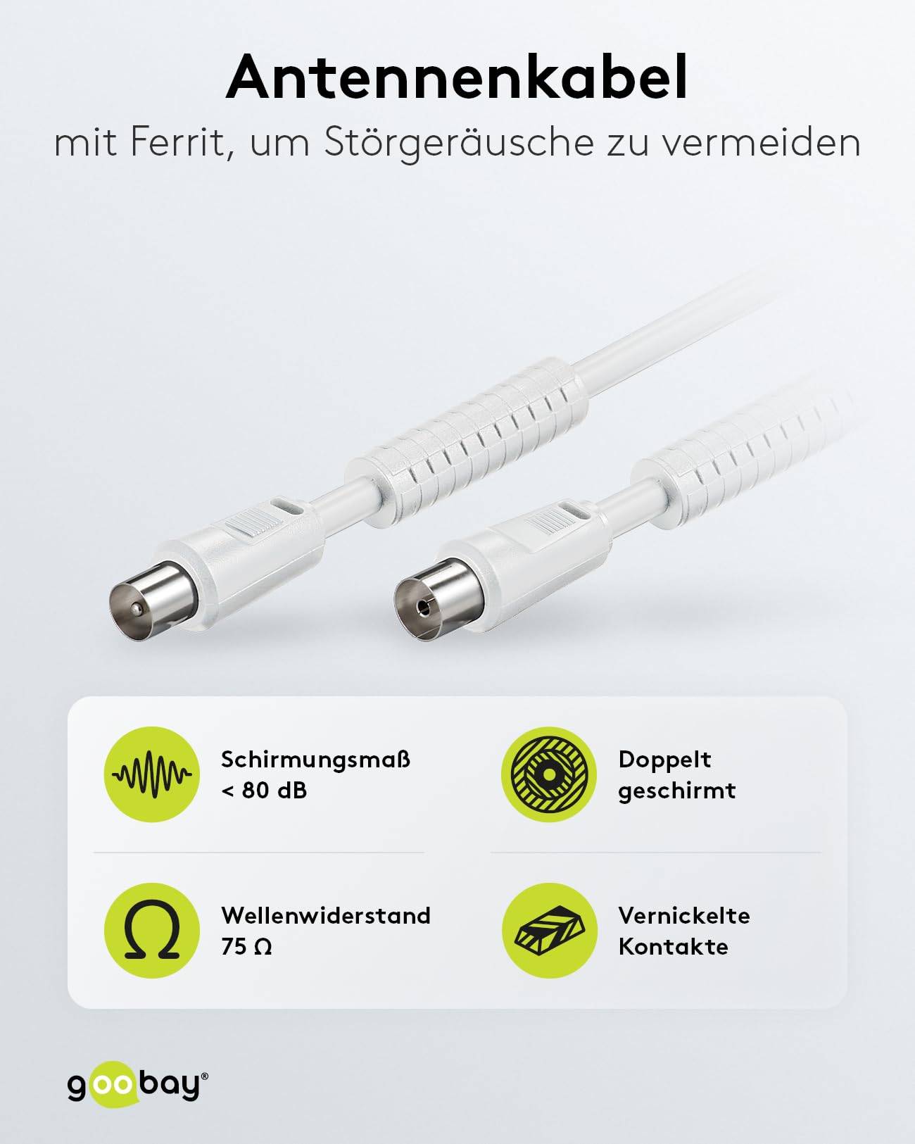 Goobay 50722 Antennenkabel Koax Stecker auf Koax Buchse / SAT Kabel 80 dB Koaxialkabel Satellitenkabel / Weiß / 10m-1