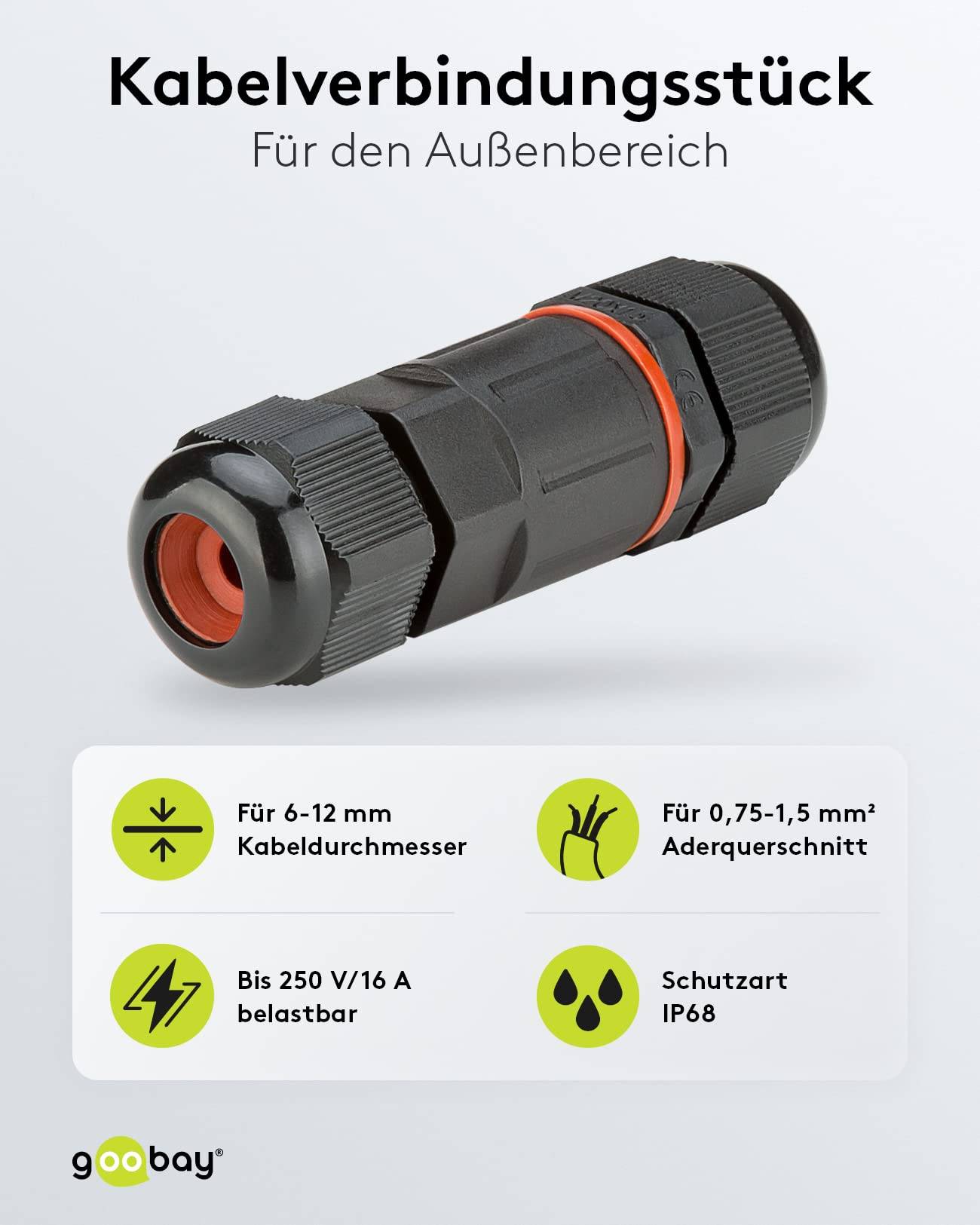 Goobay 81325 Outdoor Kabelverbinder wasserdicht IP68 Kabelmuffe 3 polig Stromkabel verbinden Verbindungsmuffe 7,5cm-1