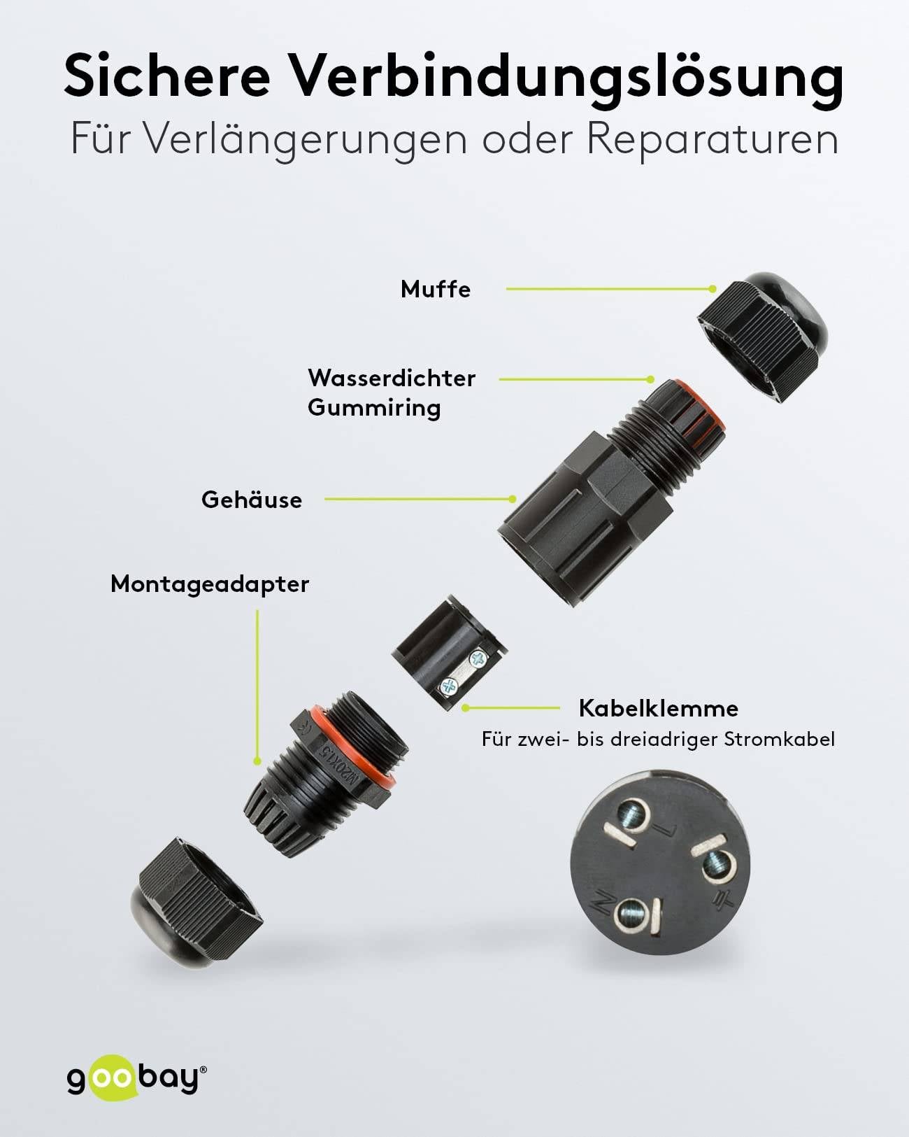 Goobay 81325 Outdoor Kabelverbinder wasserdicht IP68 Kabelmuffe 3 polig Stromkabel verbinden Verbindungsmuffe 7,5cm-3