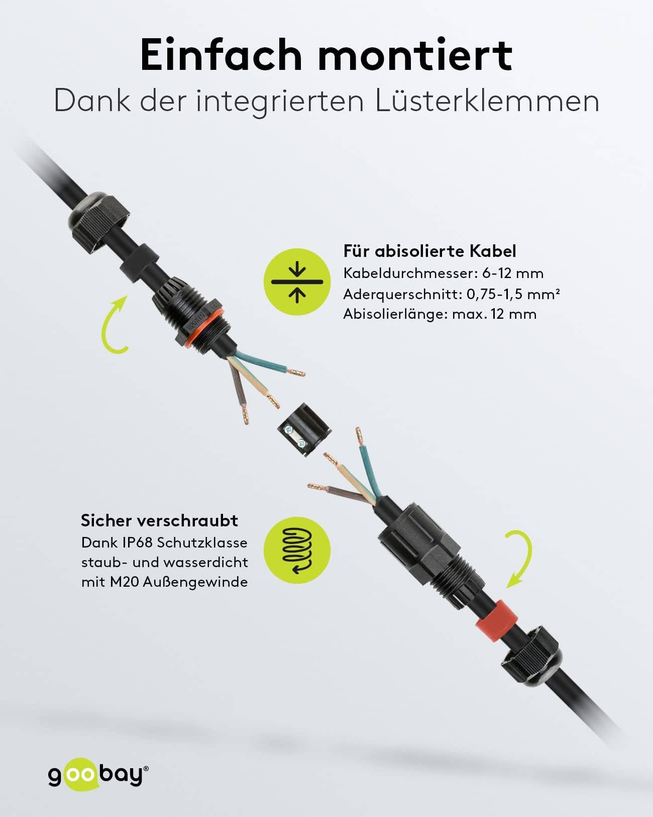 Goobay 81325 Outdoor Kabelverbinder wasserdicht IP68 Kabelmuffe 3 polig Stromkabel verbinden Verbindungsmuffe 7,5cm-4