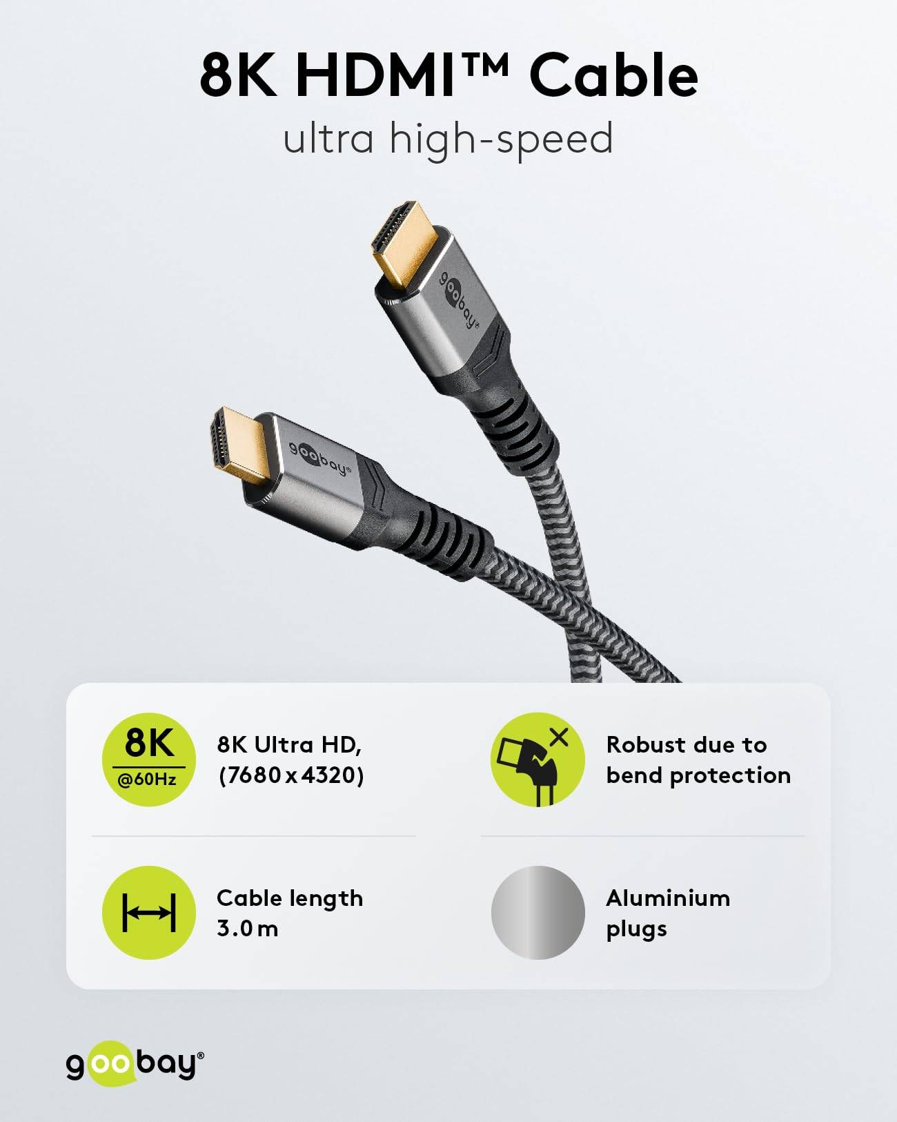 Goobay Plus 65262 Ultra Highspeed HDMI Kabel UHD 8K @ 60Hz Monitorkabel / 48 Gbits Textilkabel Shark Skin / Grau / 3m-3