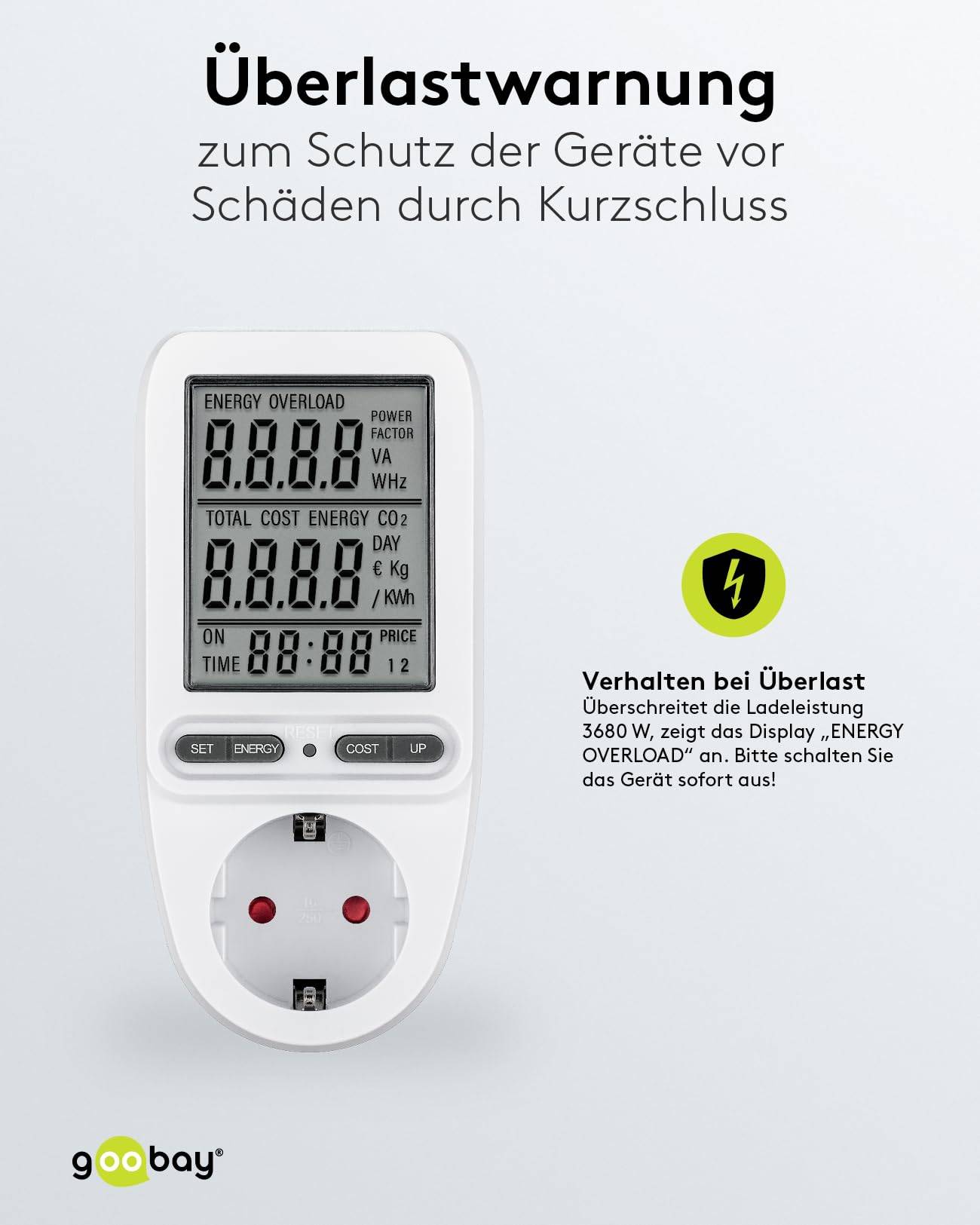 Goobay 64590 Digitales Energiekostenmessgerät Pro / Steckdose Stromzähler 3680W 16A 230V / Strommessgerät / LC Display-6