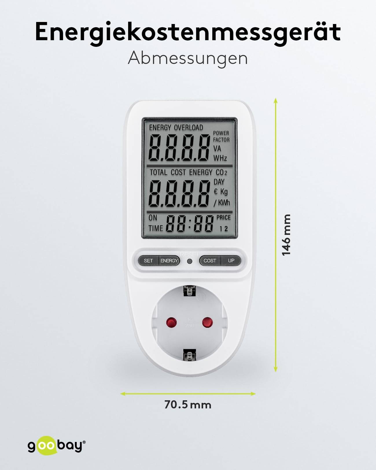 Goobay 64590 Digitales Energiekostenmessgerät Pro / Steckdose Stromzähler 3680W 16A 230V / Strommessgerät / LC Display-4