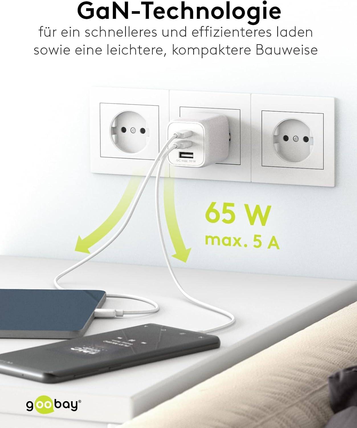 Goobay 64754 Nano USB Netzteil 65W, Power Delivery Charger, 3 Port Universal Ladegerät, USB-C & USB-A Adapter, Weiß-6