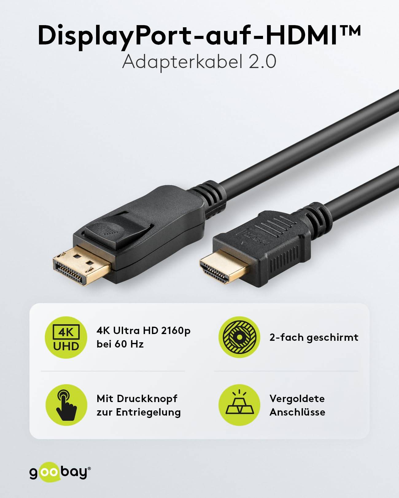 Goobay 64842 DisplayPort auf HDMI Kabel UHD 4K @ 60 Hz Adapterkabel DP Stecker Monitorkabel Bildschirmkabel Schwarz 2m-1