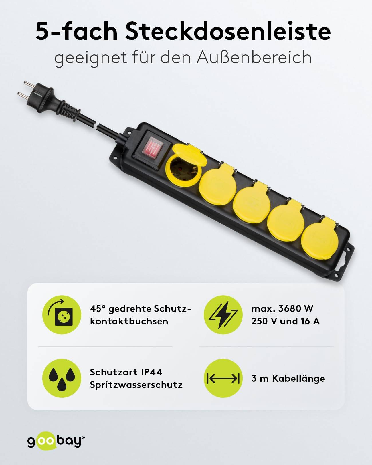 Goobay 45194 5fach Steckdosenleiste mit Schalter Garten Steckdosen IP44 Außen Mehrfachsteckdose Gartensteckdose 3m Kabel-1