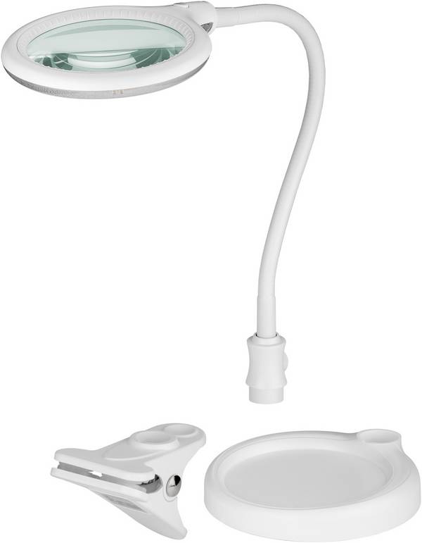 Goobay 60359 LED Lupenleuchte Standfuß & Tischklemme Ø 100mm Echtglas Linse 3 Dioptrien Lupe mit Licht Tischlupe Weiß