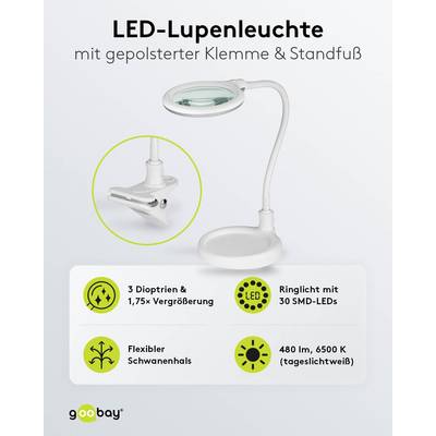Goobay 60359 LED Lupenleuchte Standfuß & Tischklemme Ø 100mm Echtglas Linse 3 Dioptrien Lupe mit Licht Tischlupe Weiß-1