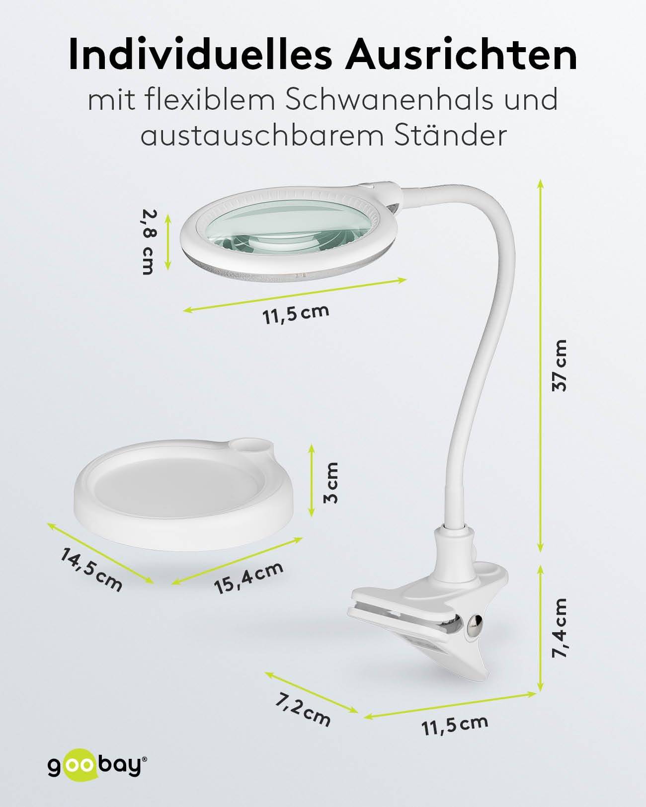 Goobay 60359 LED Lupenleuchte Standfuß & Tischklemme Ø 100mm Echtglas Linse 3 Dioptrien Lupe mit Licht Tischlupe Weiß-2