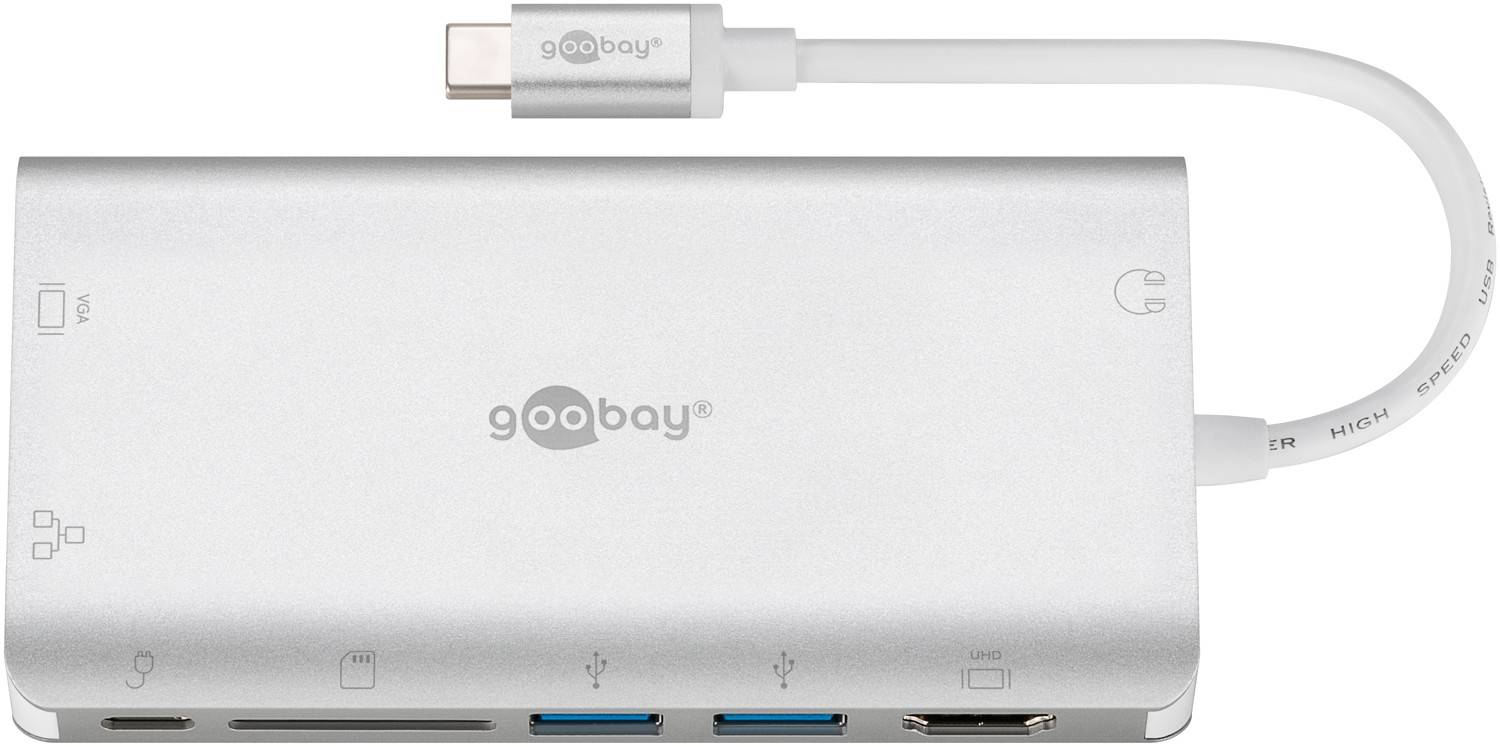 Goobay USB-C Adapter Multiport Hub 9 Ports 4K HDMI VGA USB-C USB-A 3.0 Audio RJ45 Ethernet & SD Kartenleser, Alu, 49850-0