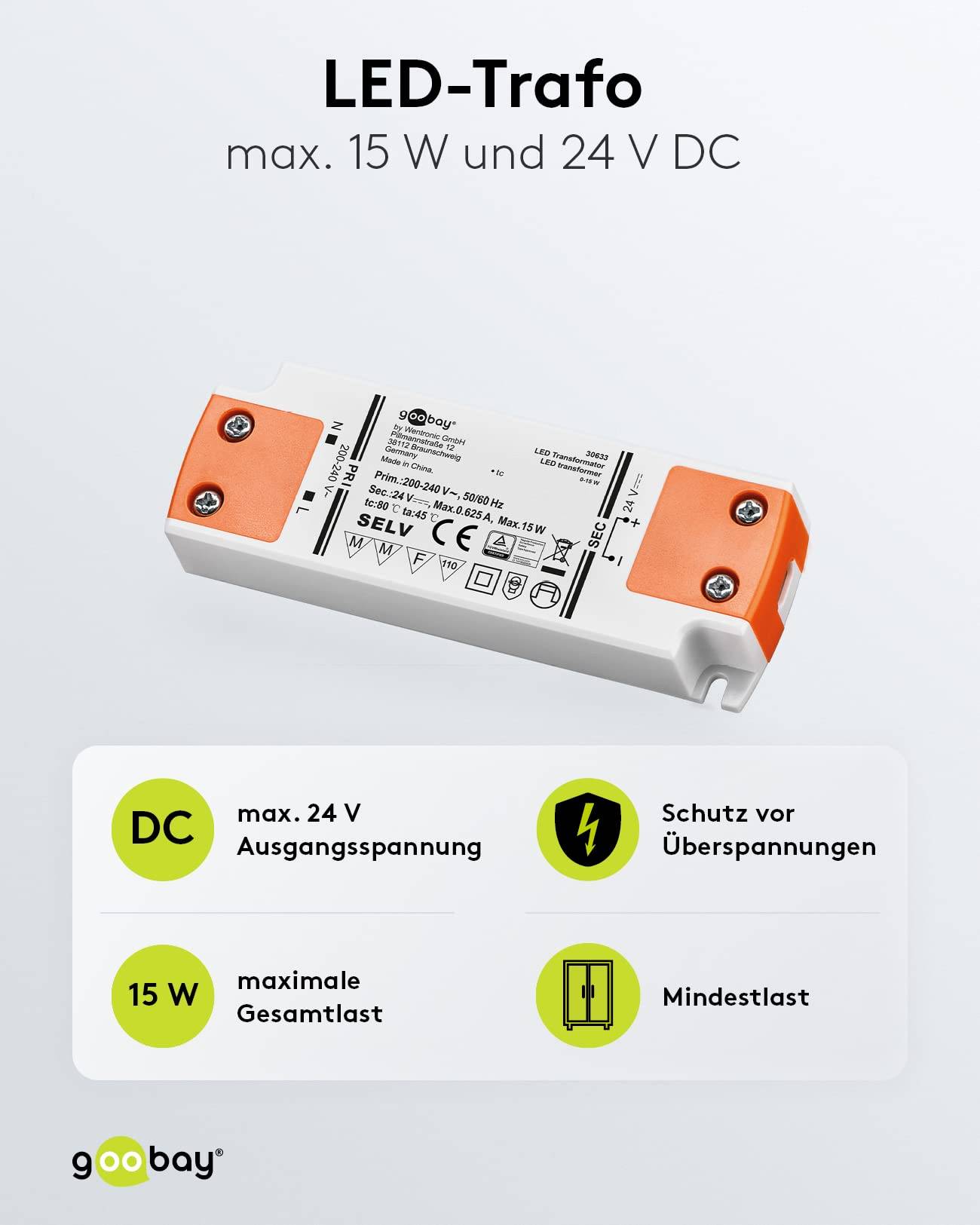 Goobay 30633 LED Trafo 230 V auf 24 V Gleichspannung (DC) für 15W LED Beleuchtung LED Treiber Konstantstromquelle-1