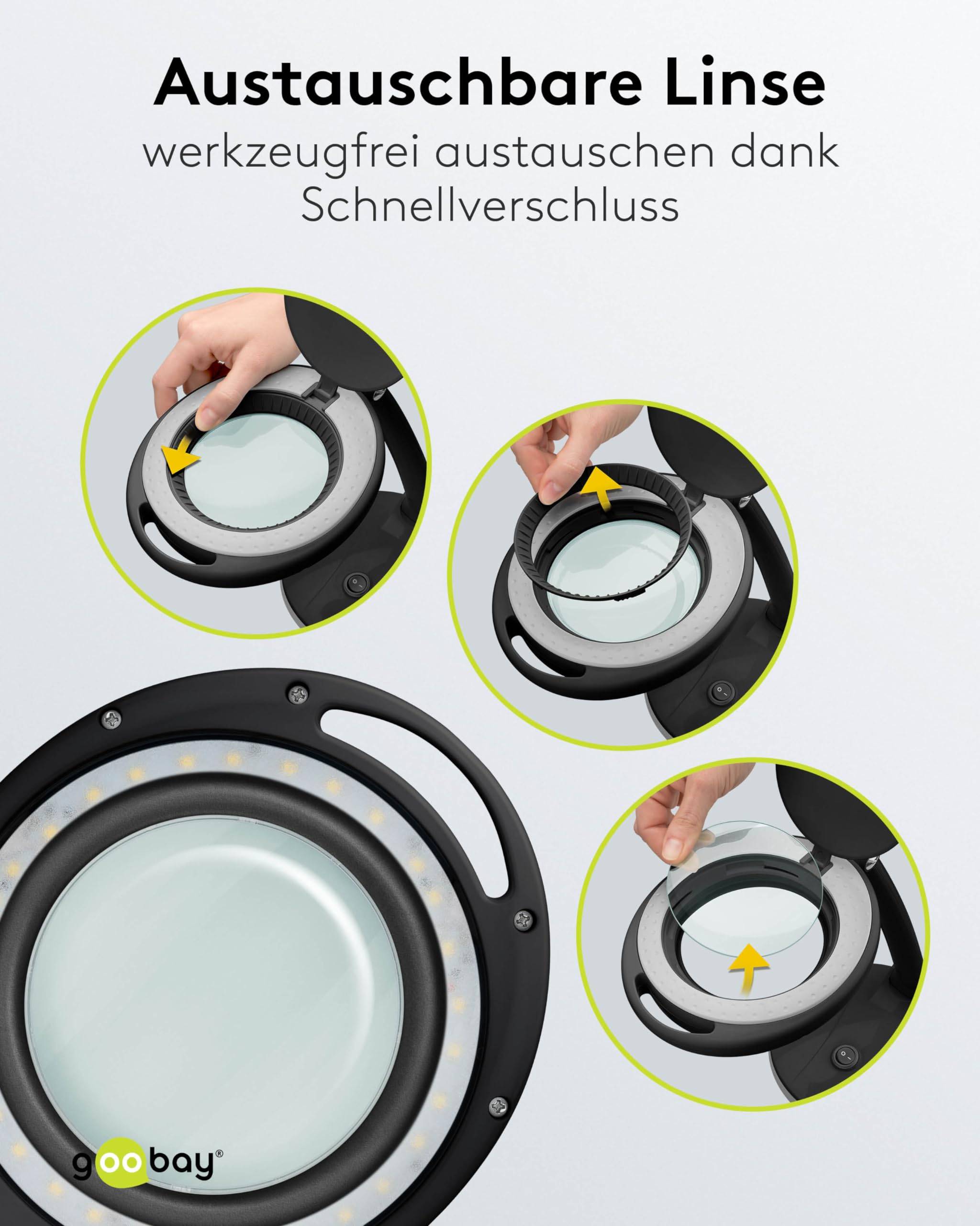 Goobay 65576 LED Lupenleuchte mit Standfuß Ø 100mm Echtglas Linse 3 Dioptrien Lupe mit Licht dimmbar Lupenlampe Schwarz-5