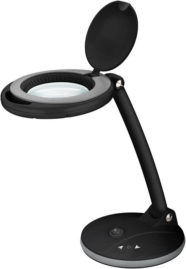 Goobay 65576 LED Lupenleuchte mit Standfuß Ø 100mm Echtglas Linse 3 Dioptrien Lupe mit Licht dimmbar Lupenlampe Schwarz