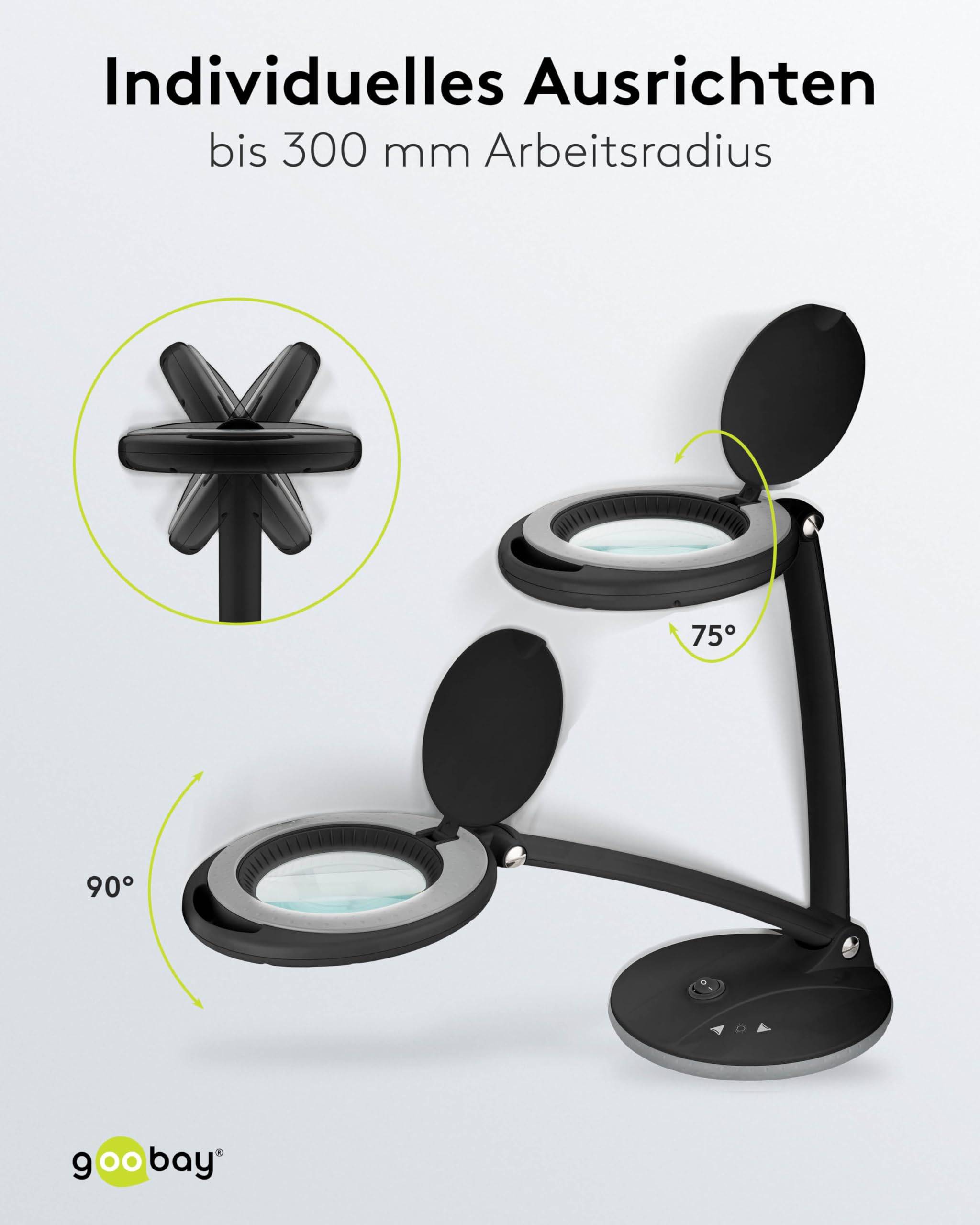 Goobay 65576 LED Lupenleuchte mit Standfuß Ø 100mm Echtglas Linse 3 Dioptrien Lupe mit Licht dimmbar Lupenlampe Schwarz-3