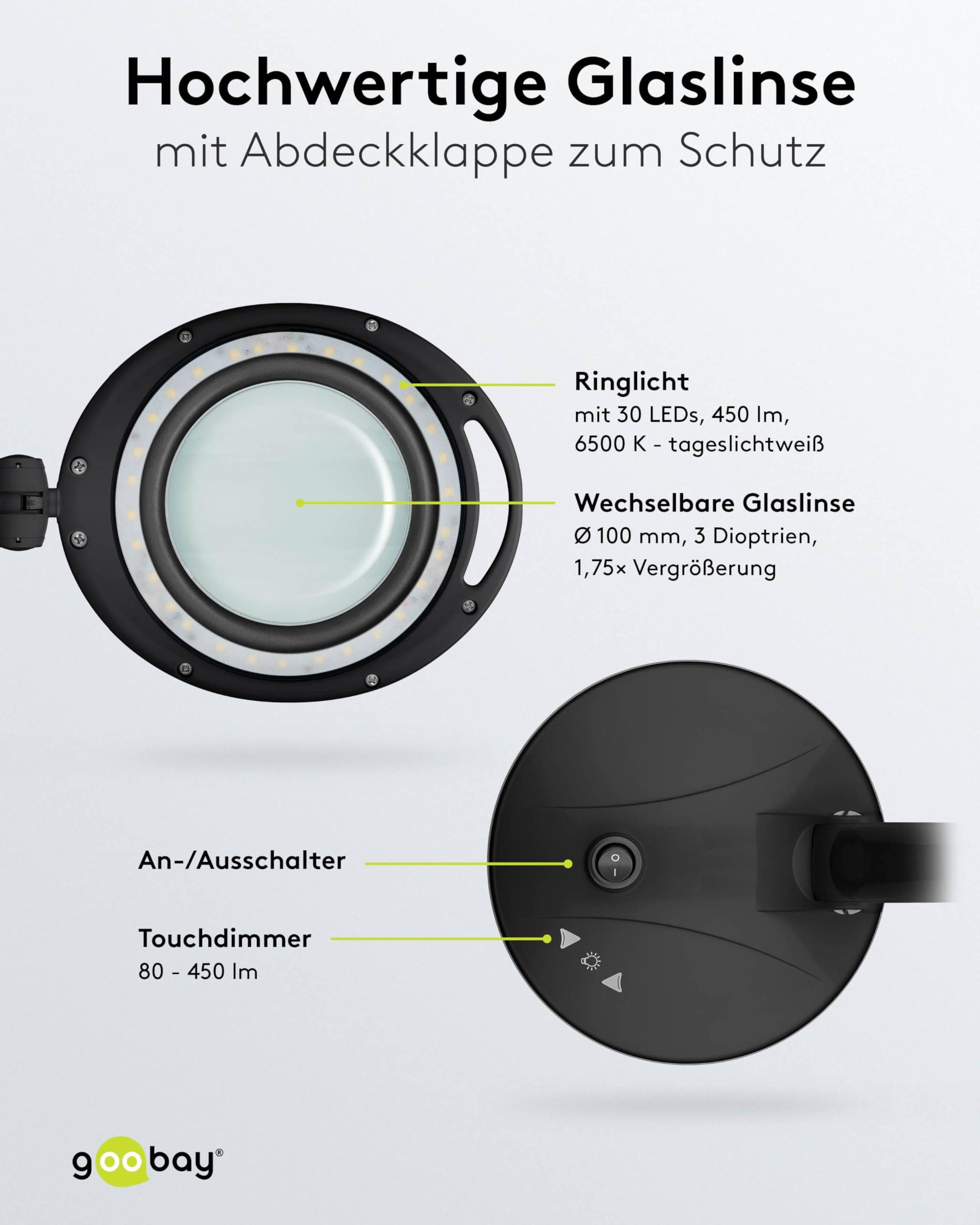 Goobay 65576 LED Lupenleuchte mit Standfuß Ø 100mm Echtglas Linse 3 Dioptrien Lupe mit Licht dimmbar Lupenlampe Schwarz-4