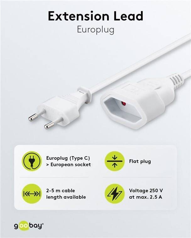 Goobay 50507 Euro Netzkabel Verlängerung 2 polig Stromkabel Eurostecker Typ C Eurokabel Verlängerungskabel Weiß 3m-2