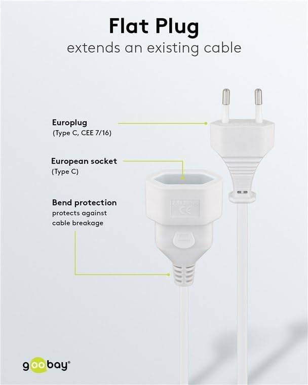 Goobay 50507 Euro Netzkabel Verlängerung 2 polig Stromkabel Eurostecker Typ C Eurokabel Verlängerungskabel Weiß 3m-3