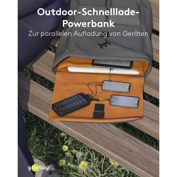 Goobay Outdoor Solar Powerbank 20000 mAh, USB C und USB A, Power Delivery 18 W und Quick Charge-5