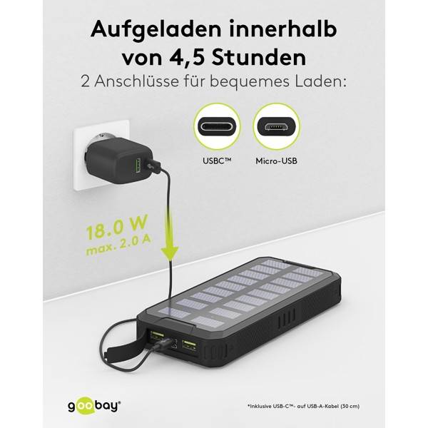 Goobay Outdoor Solar Powerbank 20000 mAh, USB C und USB A, Power Delivery 18 W und Quick Charge-6