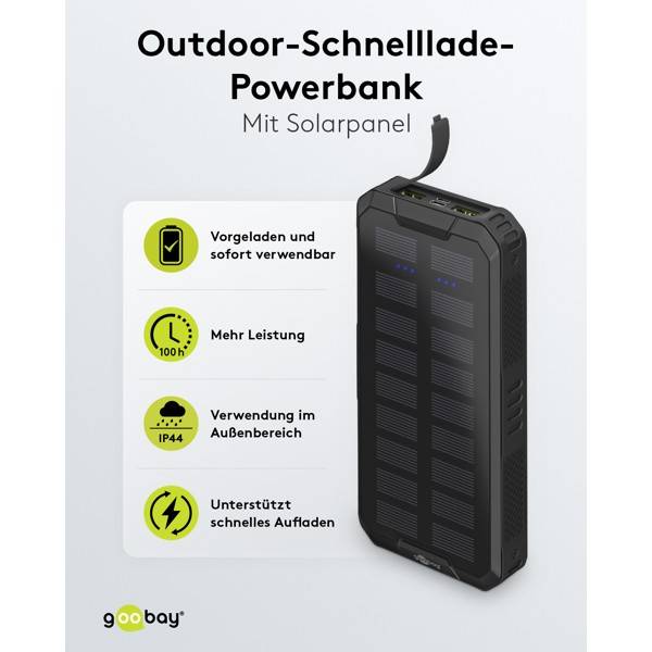 Goobay Outdoor Solar Powerbank 20000 mAh, USB C und USB A, Power Delivery 18 W und Quick Charge-1