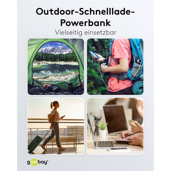 Goobay Outdoor Solar Powerbank 20000 mAh, USB C und USB A, Power Delivery 18 W und Quick Charge-2