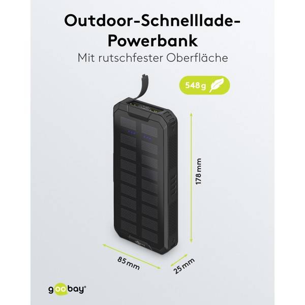 Goobay Outdoor Solar Powerbank 20000 mAh, USB C und USB A, Power Delivery 18 W und Quick Charge-3