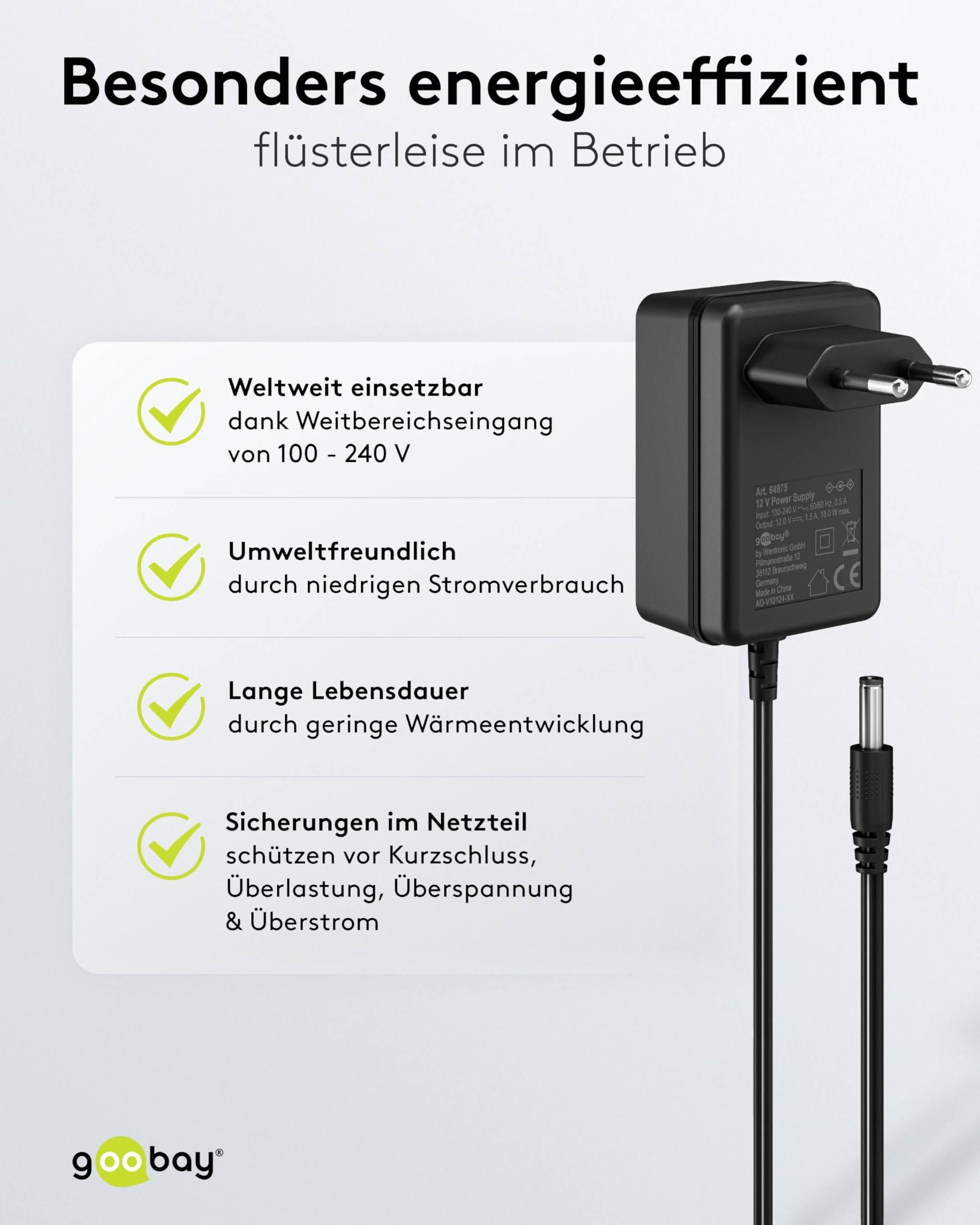 Goobay 64976 12V Netzteil DC Stecker 5,5 x 2,5mm Ladegerät 1,5A / 18W Festspannung Steckernetzteil Netzadapter / Schwarz-4