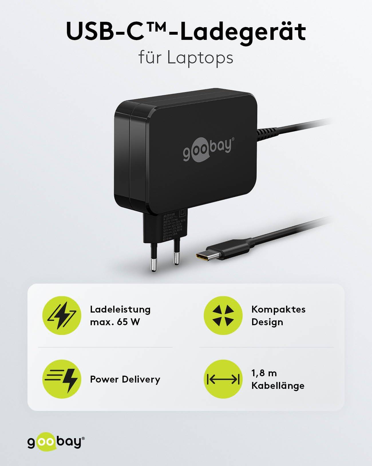 Goobay 65419 USB C Laptop Ladegerät 65W Universal Ladekabel max 20V / 3,25A Netzadapter Netzteil Steckernetzteil Schwarz-1