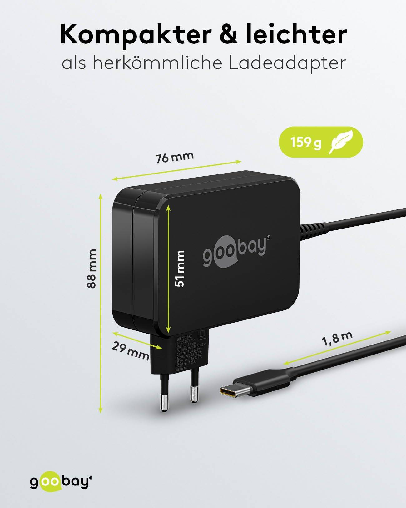 Goobay 65419 USB C Laptop Ladegerät 65W Universal Ladekabel max 20V / 3,25A Netzadapter Netzteil Steckernetzteil Schwarz-2