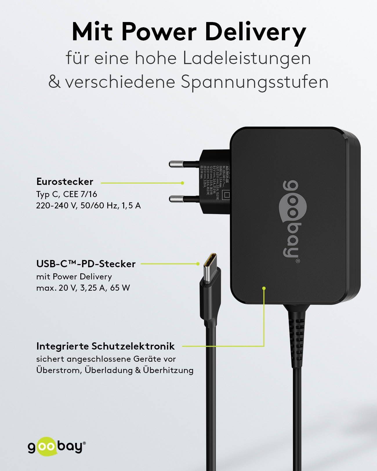 Goobay 65419 USB C Laptop Ladegerät 65W Universal Ladekabel max 20V / 3,25A Netzadapter Netzteil Steckernetzteil Schwarz-3