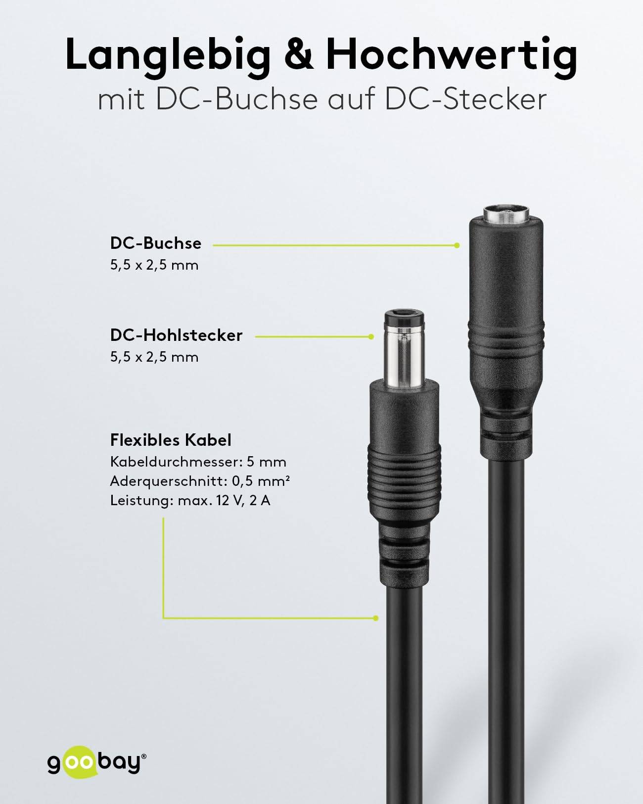 Goobay 71401 DC Netzkabel Verlängerungskabel 12V Netzteil DC-Stecker auf DC-Buchse 5,50 x 2,50 mm Stromkabel Schwarz 3m-3