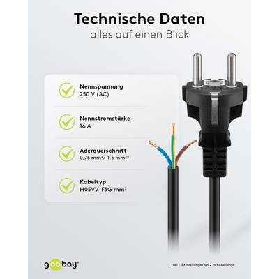 Goobay 51327 Netzkabel mit Schutzkontaktstecker & offenen Enden / Stromkabel Aderendhülsen Kabel / Schwarz / 1,5m-4