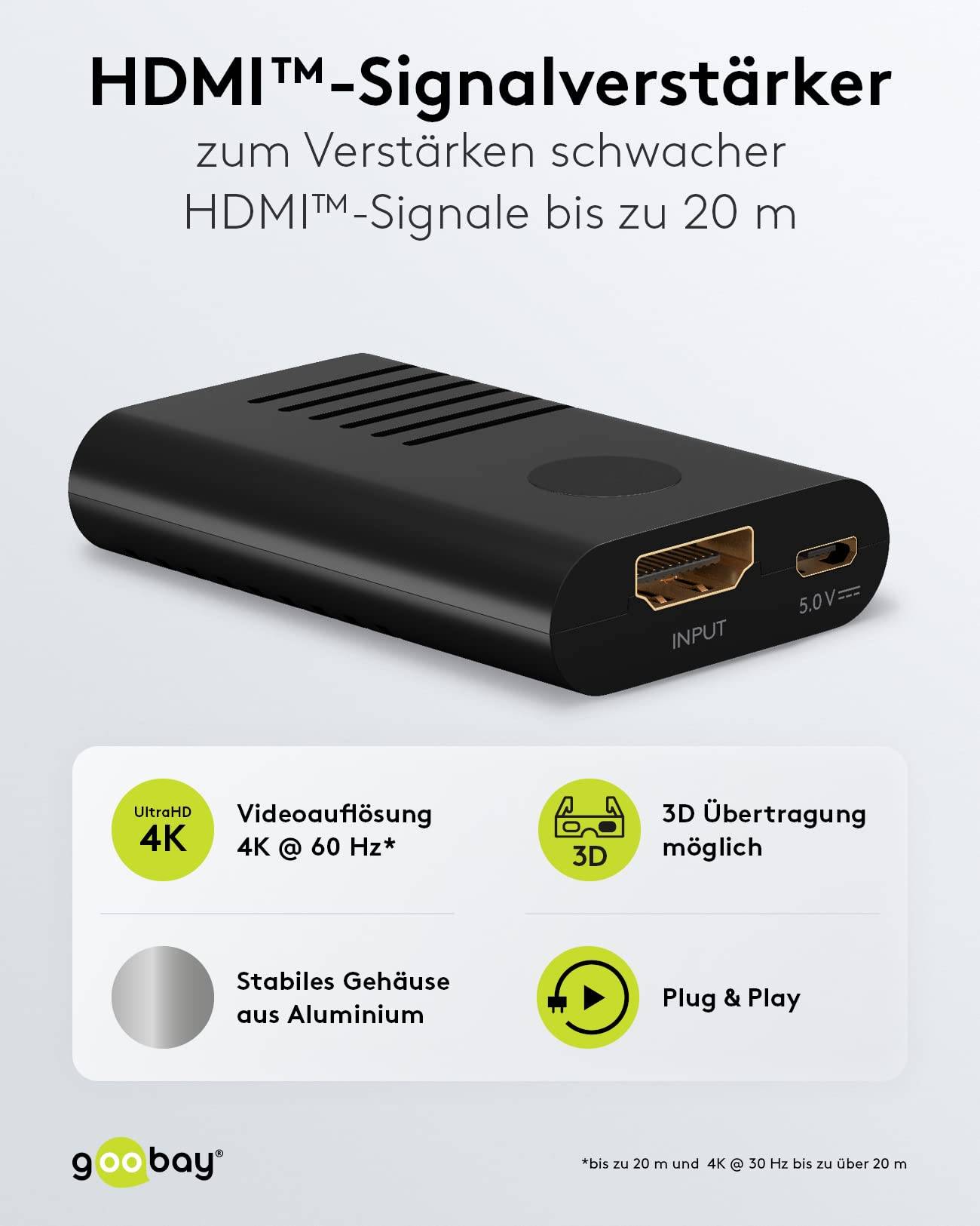 Goobay 58492 HDMI Verstärker zur Verlängerung 20m HDMI Kabel 4K @ 60Hz Verstärker HDMI Kupplung Extender Signal Repeater-1