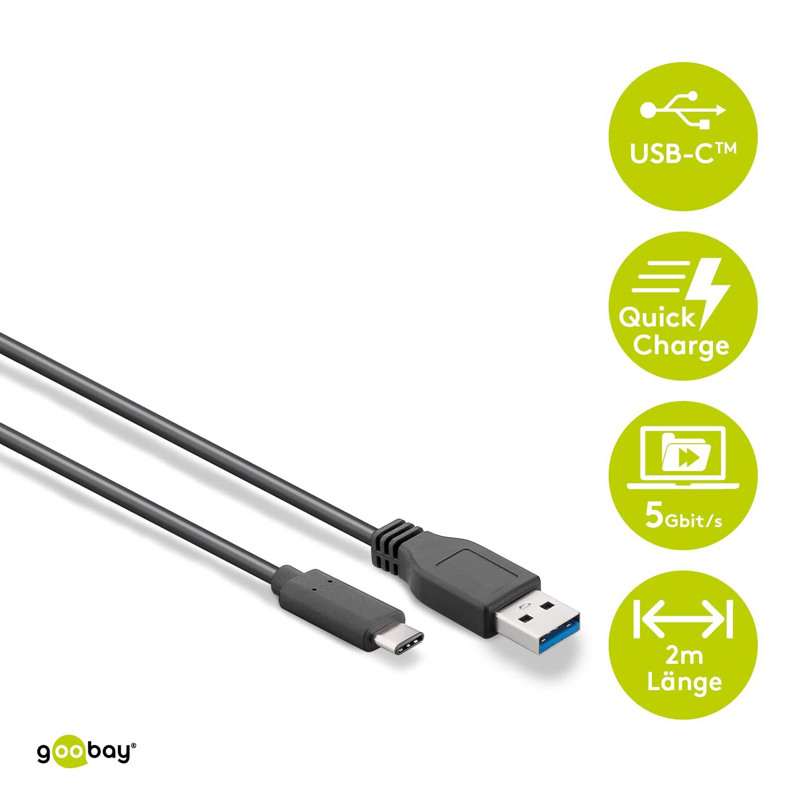 Goobay 71221 USB C auf USB A 3.1 Gen. 1 Ladekabel 15W Handy Kabel Adapterkabel 5 Gbit/s Schnellladekabel Schwarz 2 m-4