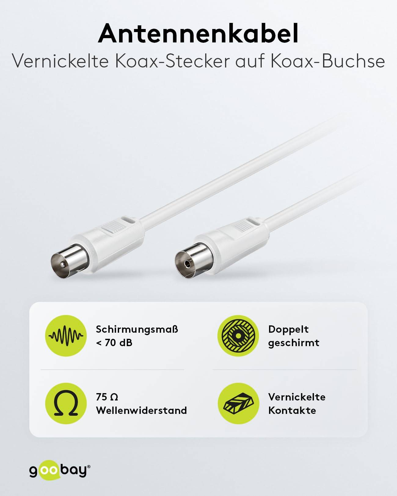 Goobay 11513 Antennenkabel Koax Stecker auf Koax Buchse / SAT Kabel Koaxialkabel Satellitenkabel 70 dB / Weiß / 7,5m-1