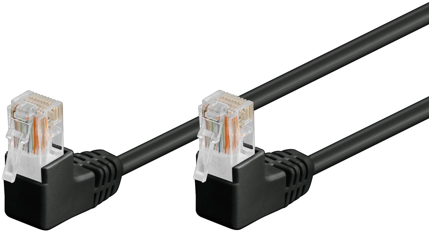 Goobay 96085 CAT 5e Netzwerkkabel U/UTP / 2x RJ45 Stecker 90 Grad gewinkelt / CCA Leiter Ethernet Kabel Schwarz / 0,5m-0