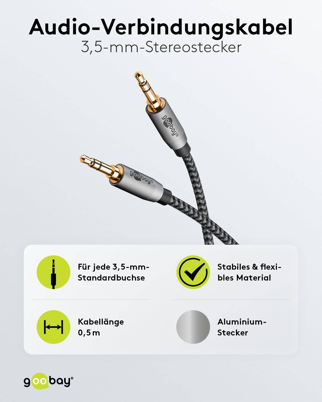 Goobay Plus 65272 AUX Kabel 3,5 mm Klinkenstecker / Klinke Audiokabel Klinkenkabel / Textilkabel Shark Skin Grau / 0,5m-3