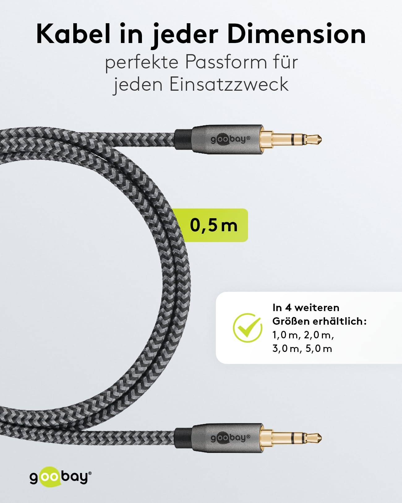 Goobay Plus 65272 AUX Kabel 3,5 mm Klinkenstecker / Klinke Audiokabel Klinkenkabel / Textilkabel Shark Skin Grau / 0,5m-4