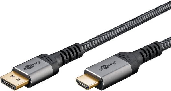 Goobay Plus 65269 DisplayPort auf HDMI Kabel Gaming Monitorkabel UHD 4K @ 60Hz Textilkabel Shark Skin 18 Gbit/s Grau 2m
