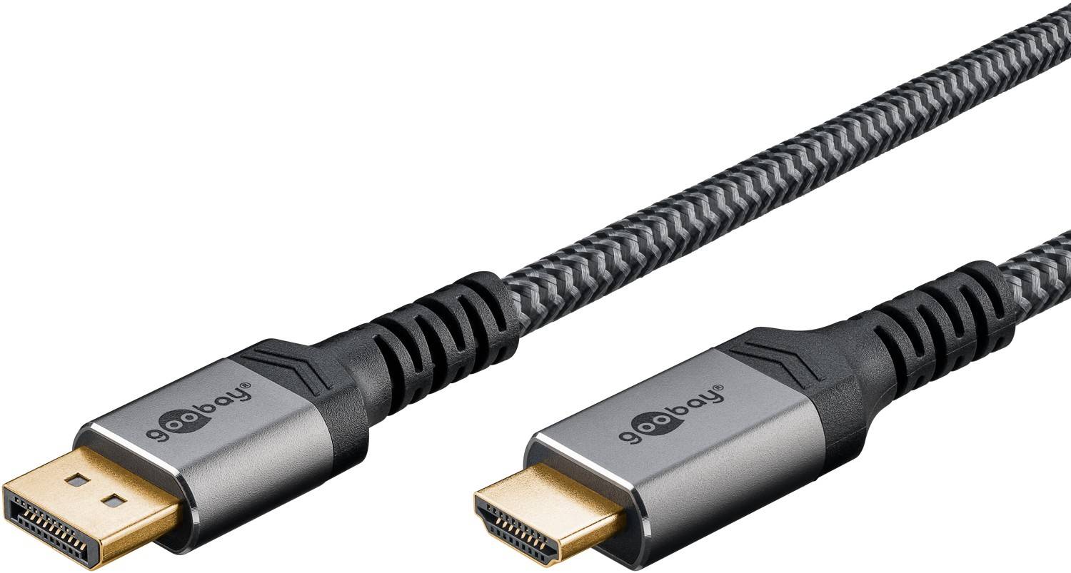 Goobay Plus 65269 DisplayPort auf HDMI Kabel Gaming Monitorkabel UHD 4K @ 60Hz Textilkabel Shark Skin 18 Gbit/s Grau 2m-0