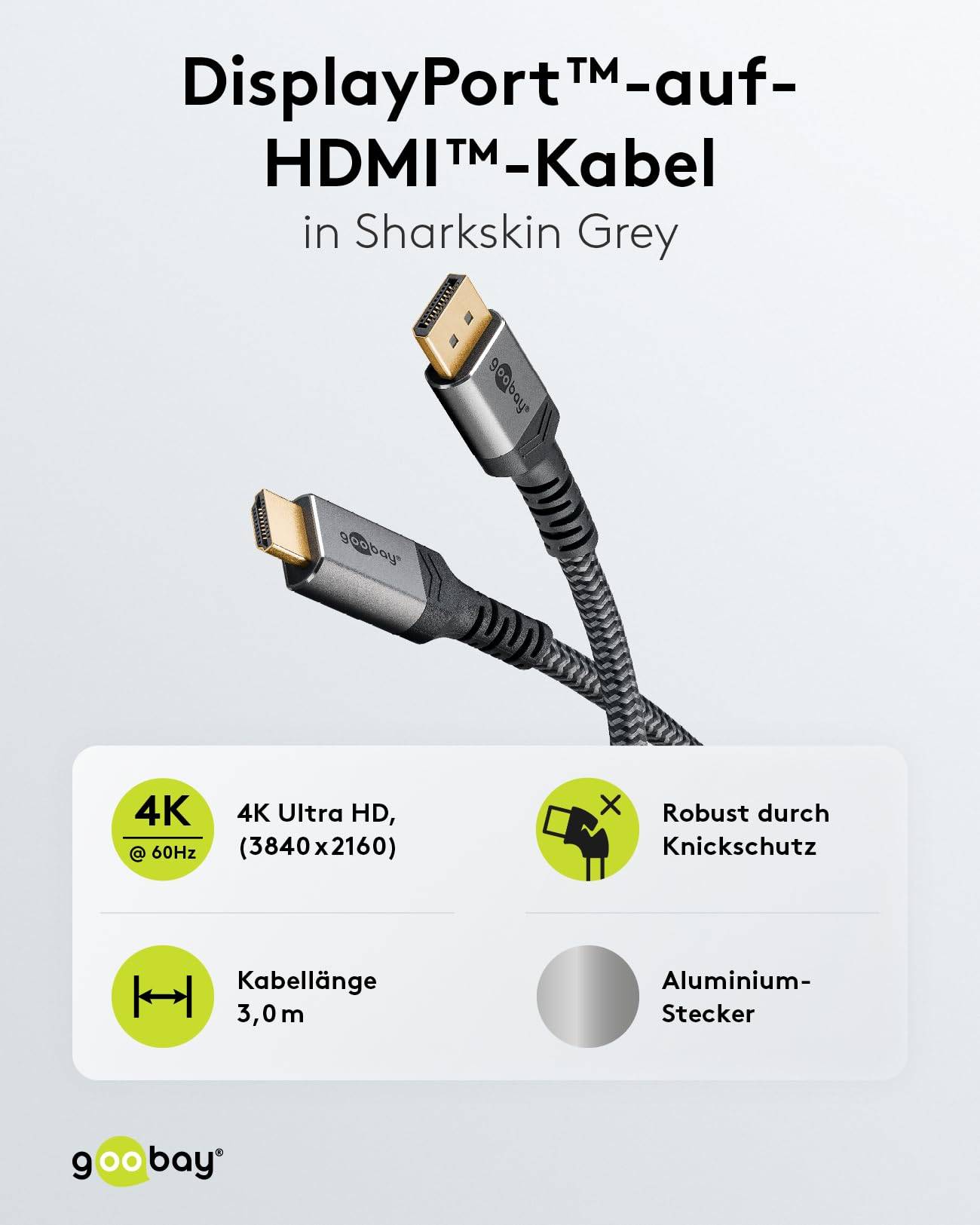 Goobay Plus 65270 DisplayPort auf HDMI Kabel Gaming Monitorkabel UHD 4K @ 60Hz Textilkabel Shark Skin 18 Gbit/s Grau 3m-1